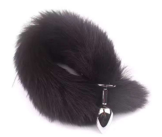 Stainless Steel Anal Butt Plug with Faux Silver Fox Tail - Black