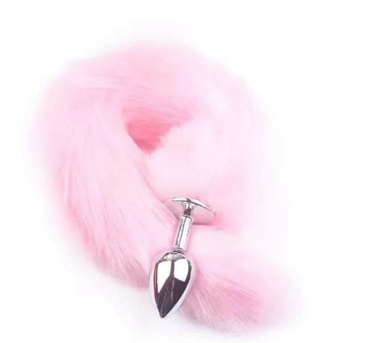 Stainless Steel Anal Butt Plug with Faux Silver Fox Tail Pink