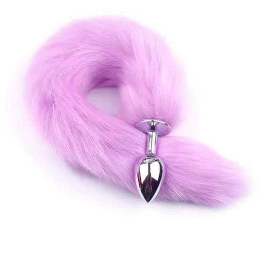Stainless Steel Anal Butt Plug with Faux Silver Fox Tail - Purple