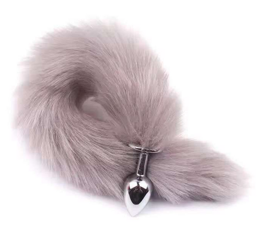 Stainless Steel Anal Butt Plug with Faux Silver Fox Tail - Brown